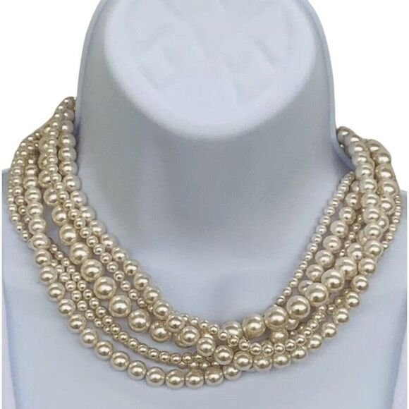 Vintage Various Size Faux Champagne Pearl Multi Strand Statement Layer Necklace - Picture 1 of 9